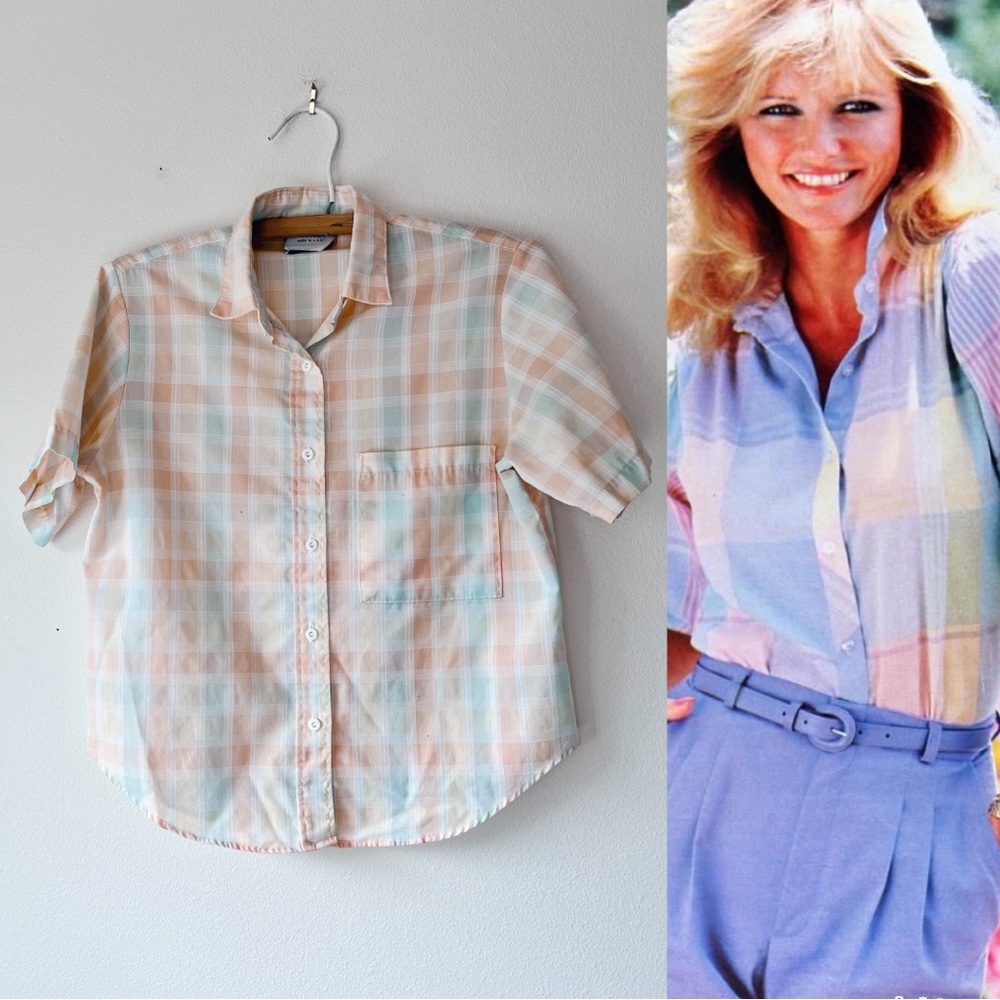 Vintage 80’s pastel plaid short sleeve button up‎ M